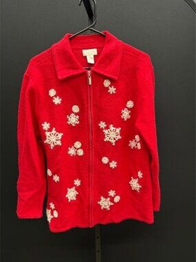 Studio Works Red Snowflake Wool Full Zip Sweater